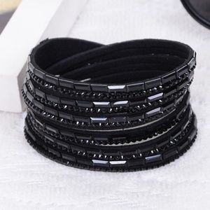 Black Leather long wrap bracelet with Black beads